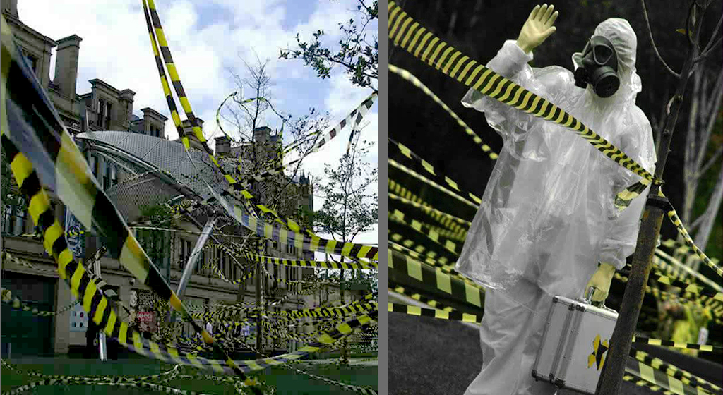 Hazard 2008 , Sculpture and Performances Festival in Manchester City, UK
3000 Meters of Caution Tape, Enclosed the Cathedral Gardens in Manchester city centre by : Shahram Entekhabi