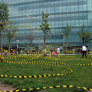 Hazard 2007 , Sculpture and Performances Festival in Manchester City, UK
3000 Meters of Caution Tape, Enclosed the Cathedral Gardens in Manchester city centre by : Shahram Entekhabi