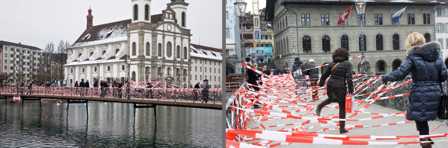 No Exit Luzern, 2011, By Shahram Entekhabi, Live Performance using 4000 Meters of Caution Tape, Town Hall Bridge of Lucerne, Switzerland
